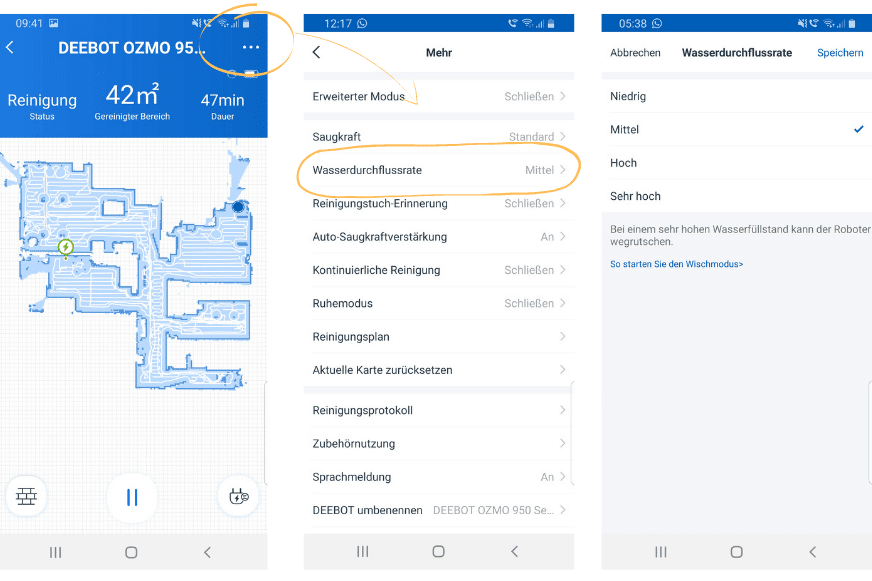 In der Ecovacs Home App wird die Wasserzufuhr des OZMO 950 eingestellt
